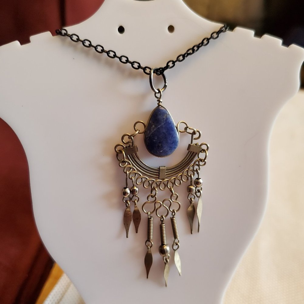 2 Tone Chain Blue Teardrop Lapis Pendant Necklace
